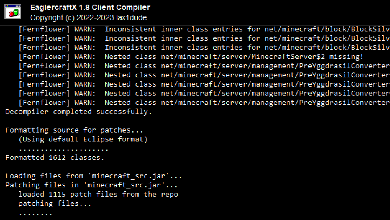 EaglercraftX 1.8 Client Compiler output showing compilation process